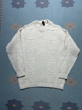 Vintage 70s Alps Kilkenny wool sweater cable knit cream white pullover large